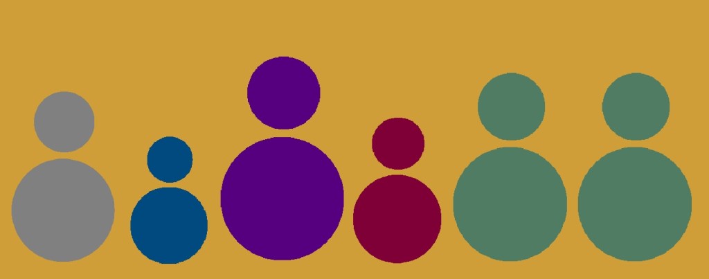 Six blob figures of different sizes and colours representing the similarities and diversity of family. 