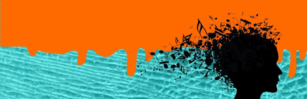 Orange dripping down over cracked glass. Silhouette of side of face with musical notes for hair.