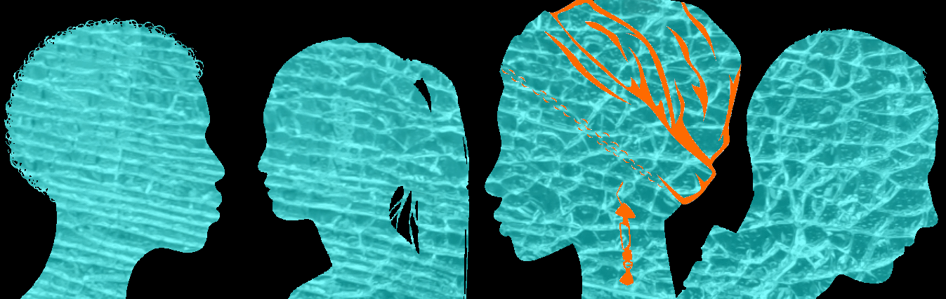 Four Silhouette Heads with cracked glass filling the silhouette on a black background