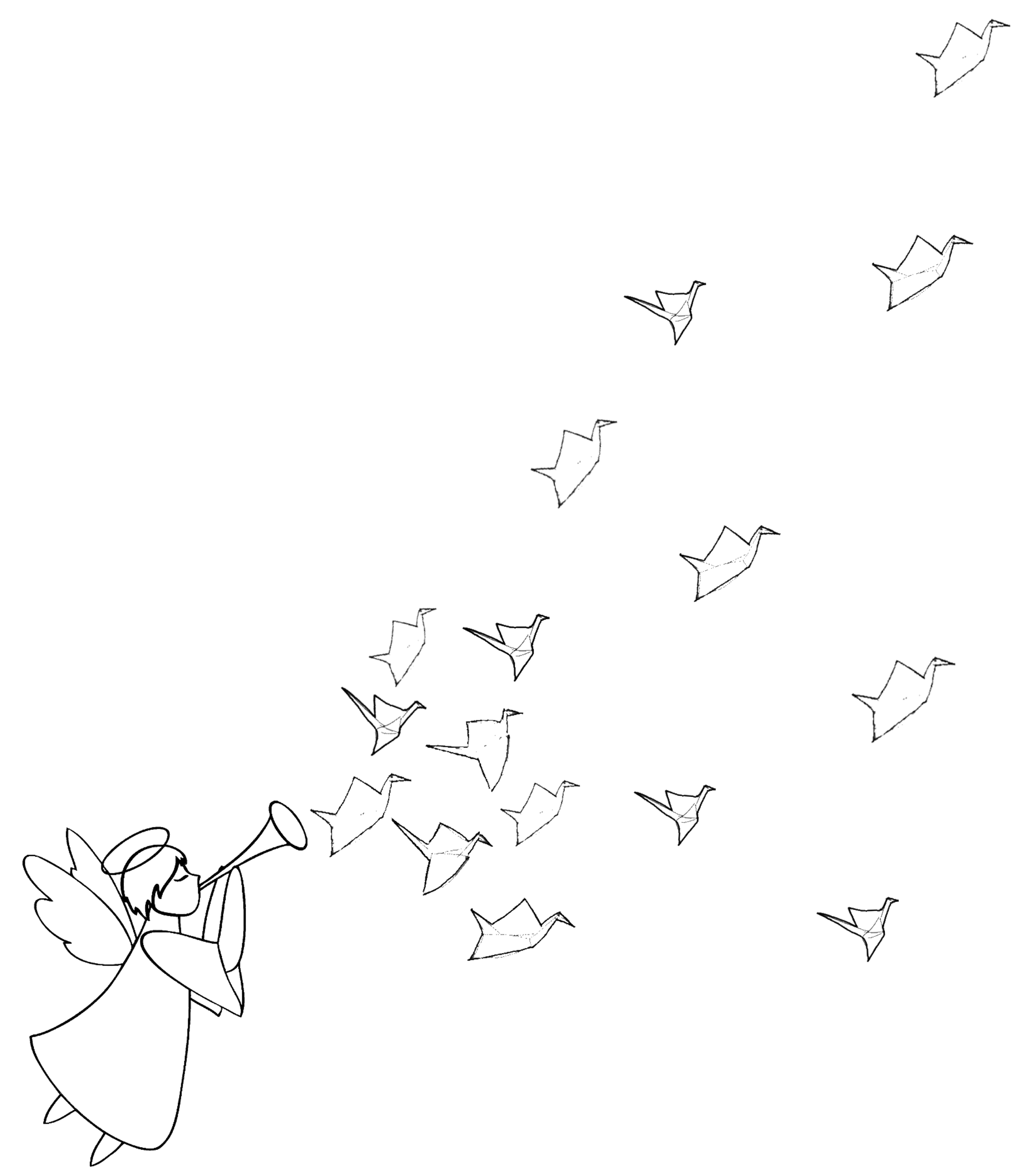 Line drawing of an angel blowing a trumpet with origami peace cranes flying out of the trumpet.