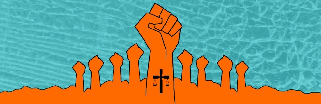 Nice fists punching the air. The central fist is larger with a tattoo of a cross blended with the scales of justice.