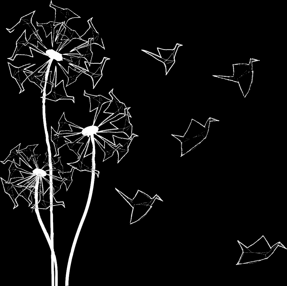 Image of origami peace cranes making a dandelion clock with some of the birds flying off.