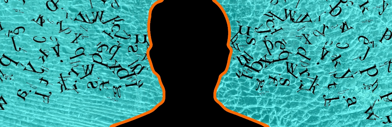 Silhouette of head with letter flying around appearing to go into the ears.