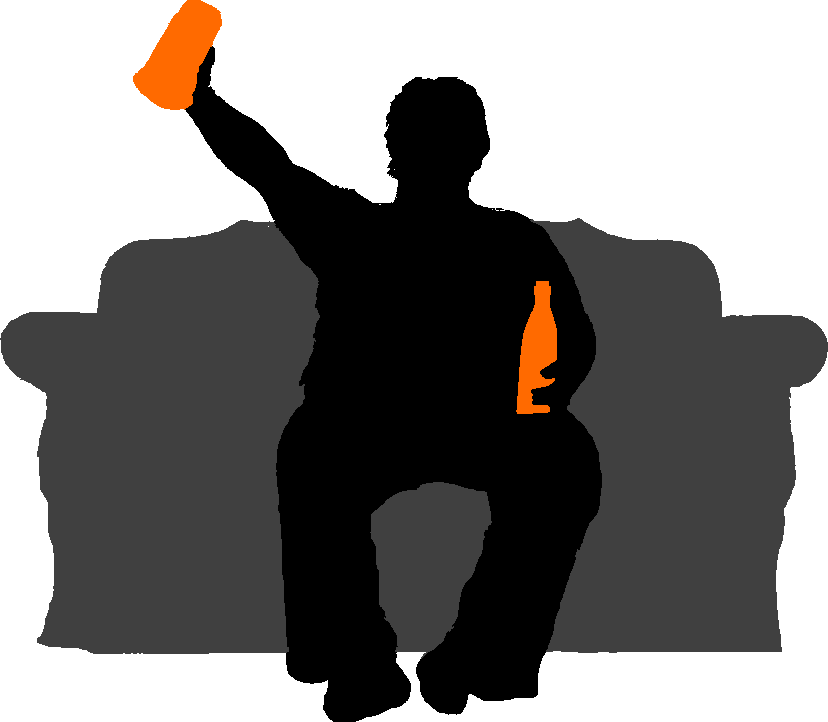 Silhouette of man sitting on grey sofa with a bottle in one hand and a tankard in the other. The hand with the tankard is raised as though cheering. 