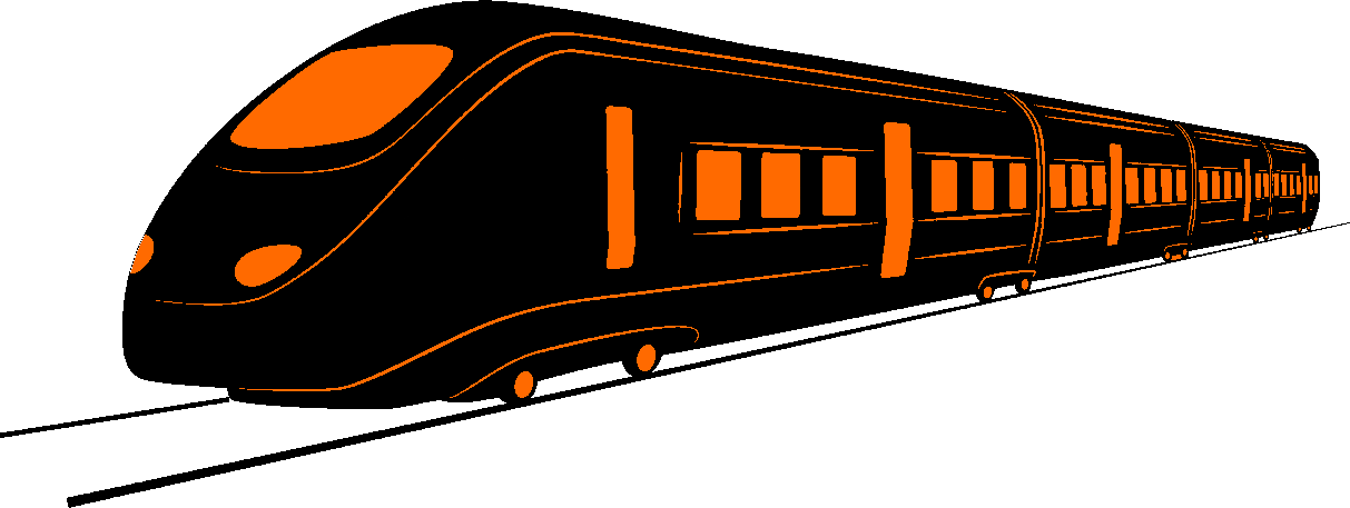 Silhouette of modern train with orange windows, doors and lights. 