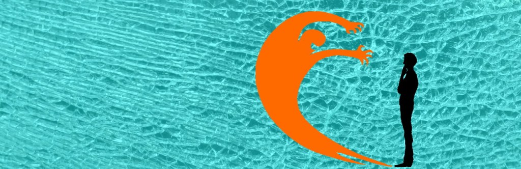 Silhouette of man with hand to chin (thinking), orange ghoul in front of him. Blue cracked glass background.