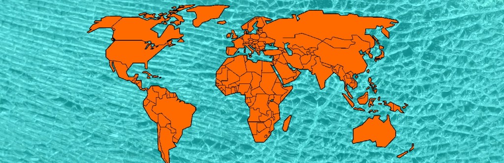 World Map - Orange, black outline on a background of broken glass.