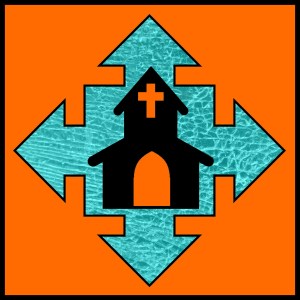 Four-Way Arrow pointing Up, Down, Left and Right with a Church in the Centre.
