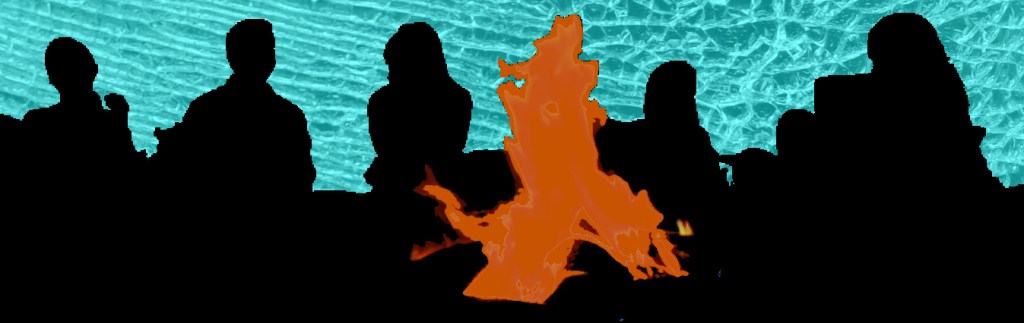 Silhouette of people sat around a campfire