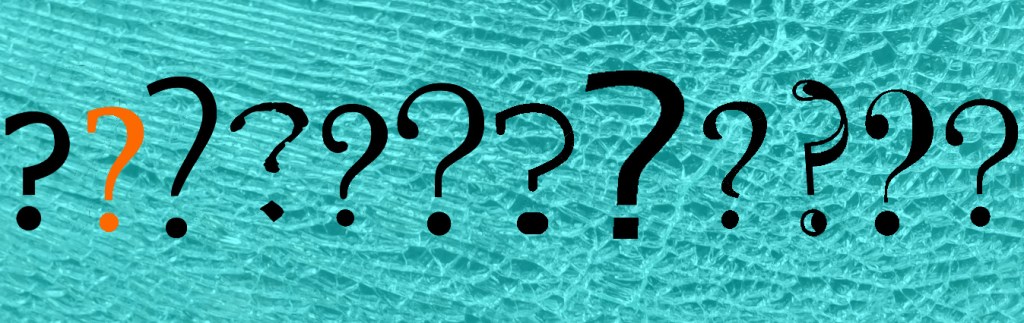 Row of 12 different question marks, 11 are black, one is orange. On a background of shattered blue glass.
