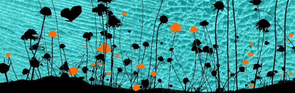 Silhouette of flower meadow on background of shattered blue glass