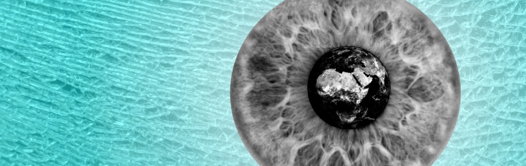 Black and White image of the earth inside the pupil of an eye, with iris surrounding on a broken glass background.