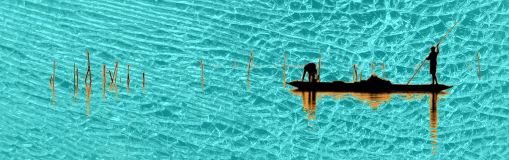 Silhouette of two figures in a small boat against a background of broken glass. 