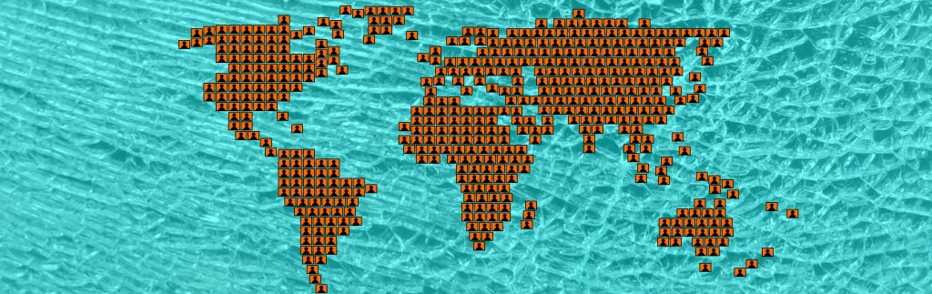 Map of the World made up of orange blocks with a black bust (head and shoulders) in each - depicting the global community.