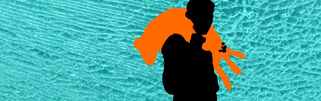 Black silhouette of man carry orange silhouetted sheep on cracked glass background