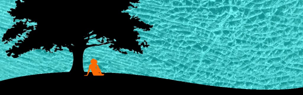 Orange silhouette of woman sitting in front of a black silhouetted tree on a cracked glass background.